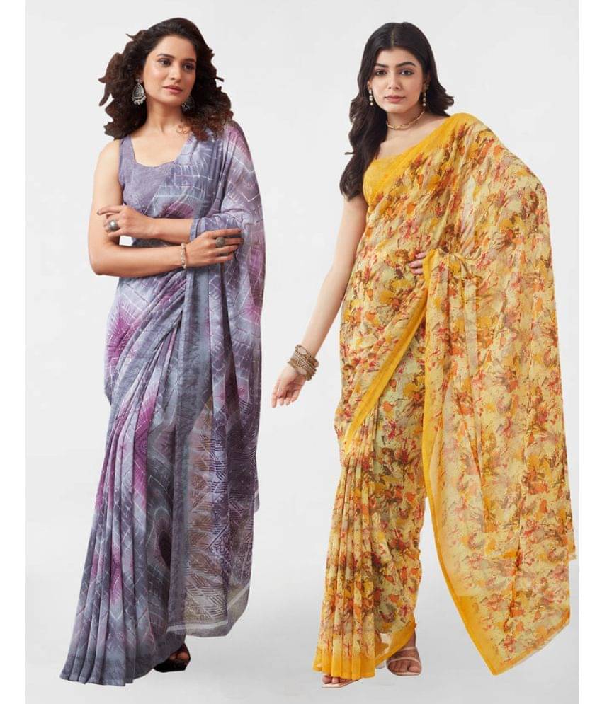     			Samah Georgette Printed Saree With Unstitched Blouse Piece ( Yellow )