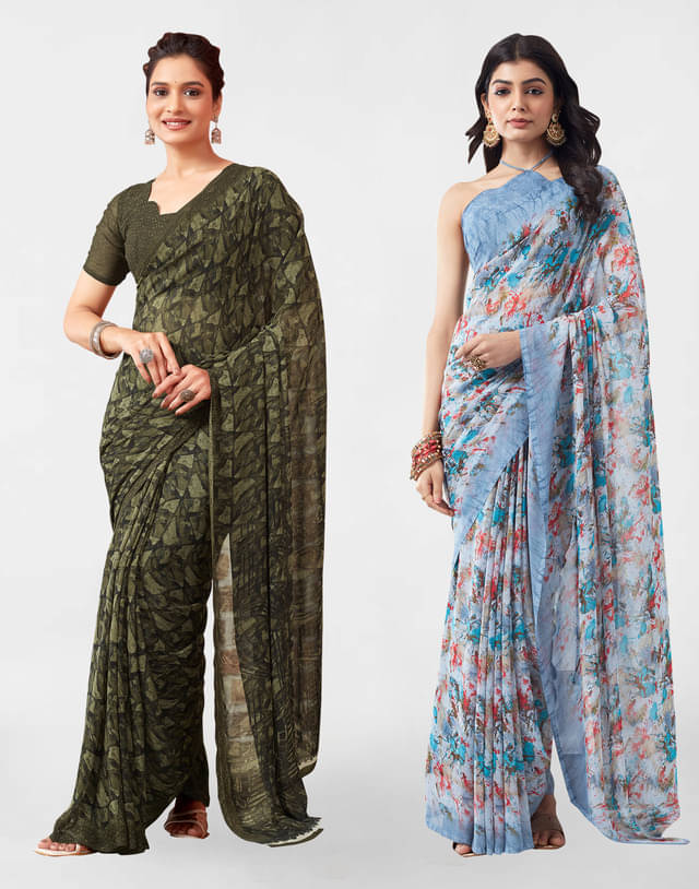     			Samah Georgette Printed Saree With Unstitched Blouse Piece ( Dark Grey )