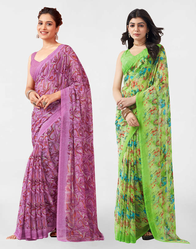     			Samah Georgette Printed Saree With Unstitched Blouse Piece ( Green )