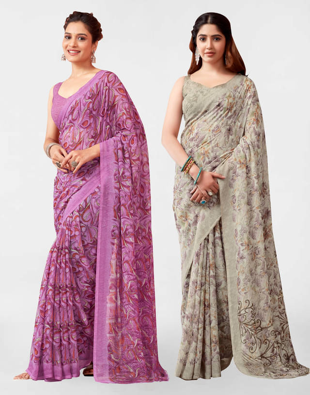     			Samah Georgette Printed Saree With Unstitched Blouse Piece ( Beige )