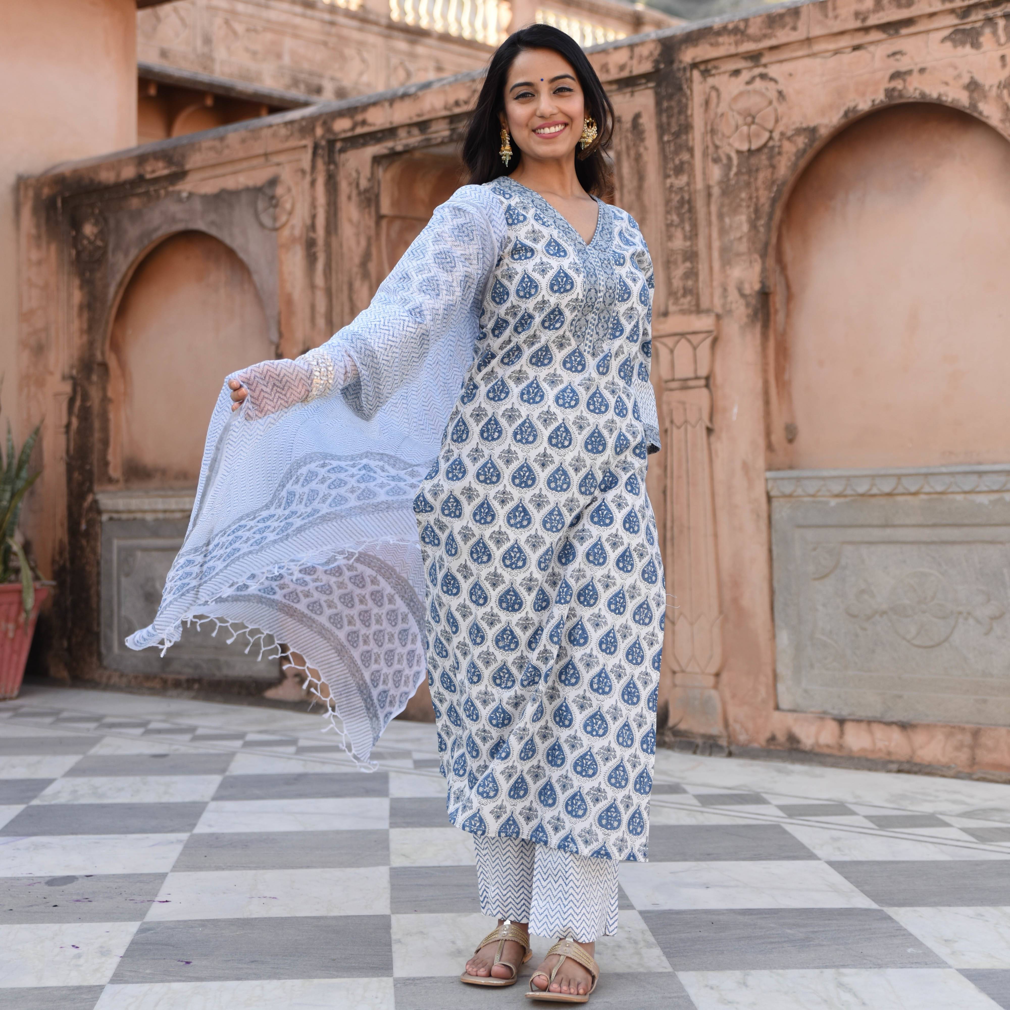     			Sidhidata Cotton Blend Printed Kurti With Pants Women's Stitched Salwar Suit - Blue ( Pack of 1 )