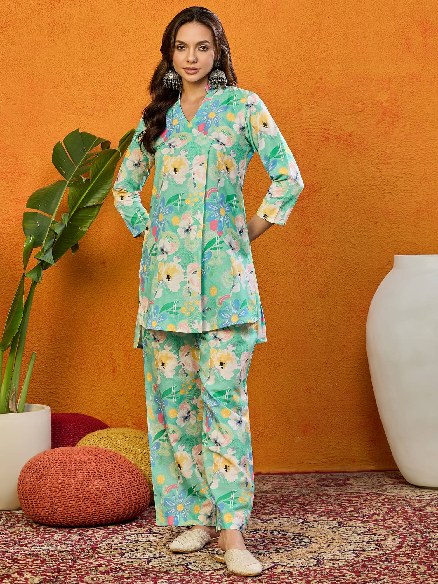 Vaamsi Women Printed Top With Trousers Co-Ord Set ( Green )