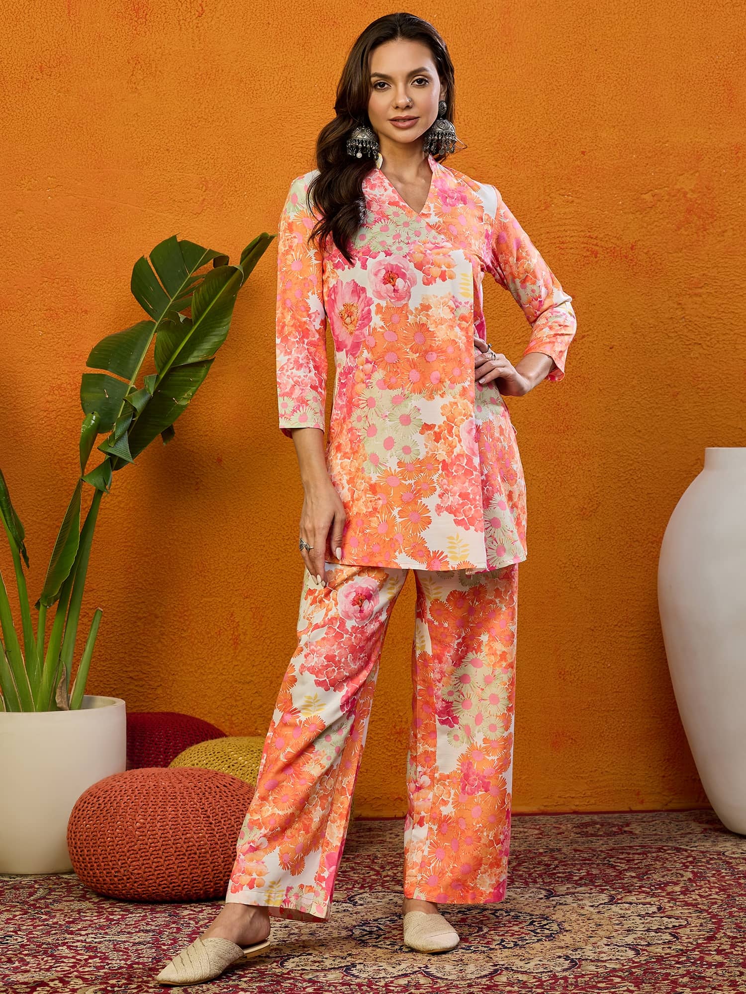 Vaamsi Women Printed Tunic With Trousers Co-Ord Set ( Orange )