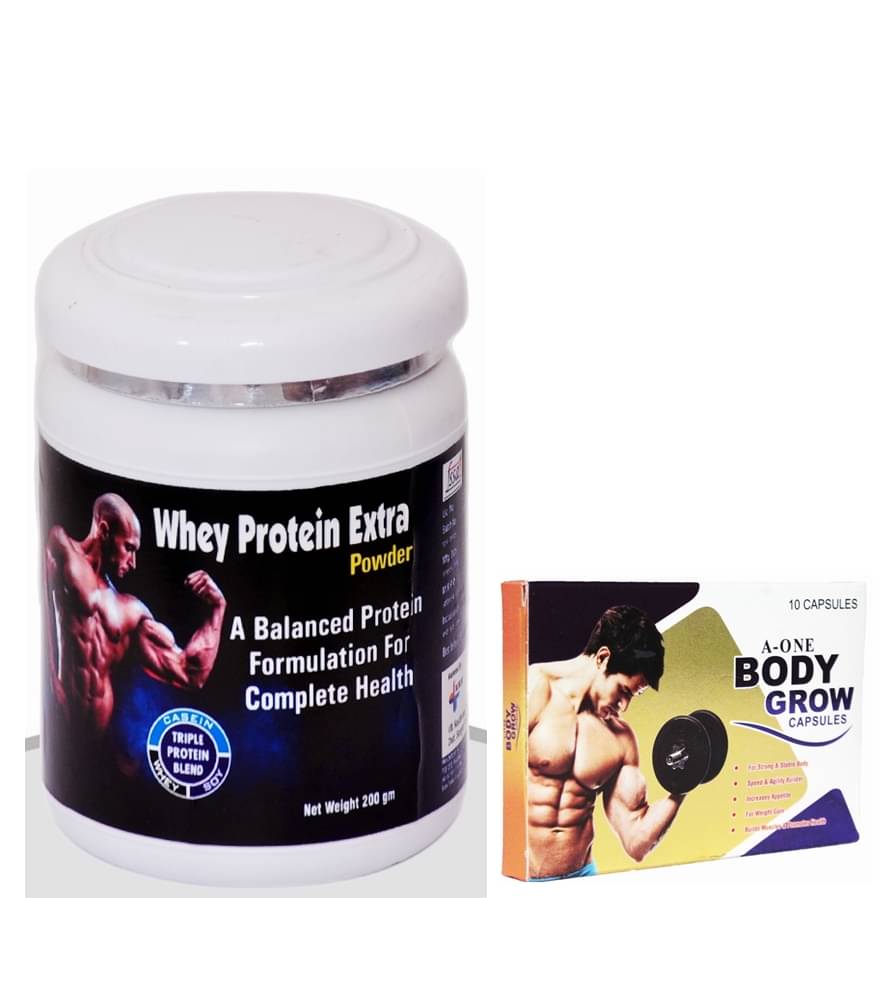 Dr. Chopra GG A-One Body Grow Capsule 10 no.s & Rikhi Whey Protein Extra Powder 200 gm Chocolate Dr. Chopra GG A-One Body Grow Capsule 10 no.s & Rikhi Whey Protein Extra Powder 200 gm Chocolate