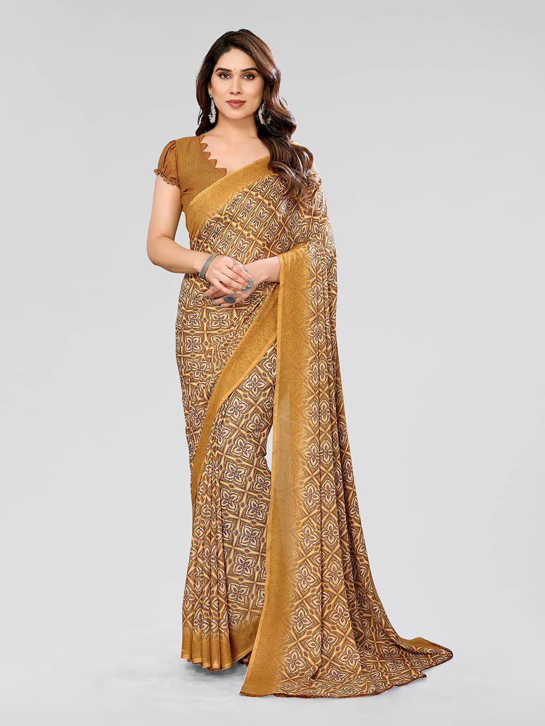 Kashvi Sarees Georgette Printed Saree With Unstitched Blouse Piece ( Mustard ) Kashvi Sarees Georgette Printed Saree With Unstitched Blouse Piece ( Mustard )