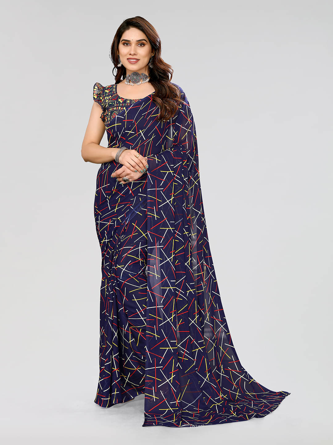     			Kashvi Sarees Georgette Printed Saree With Unstitched Blouse Piece ( Navy Blue )