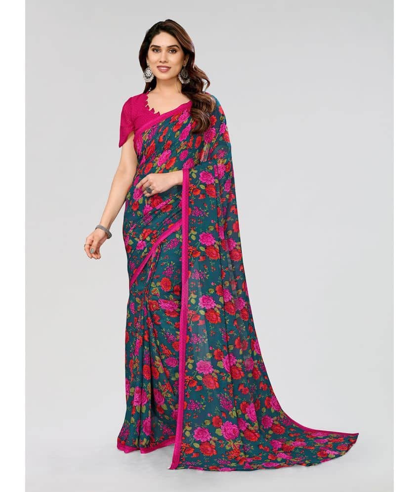 Kashvi Sarees Georgette Printed Saree With Unstitched Blouse Piece ( Teal ) - Sarees | Buy online on ZillyBuy