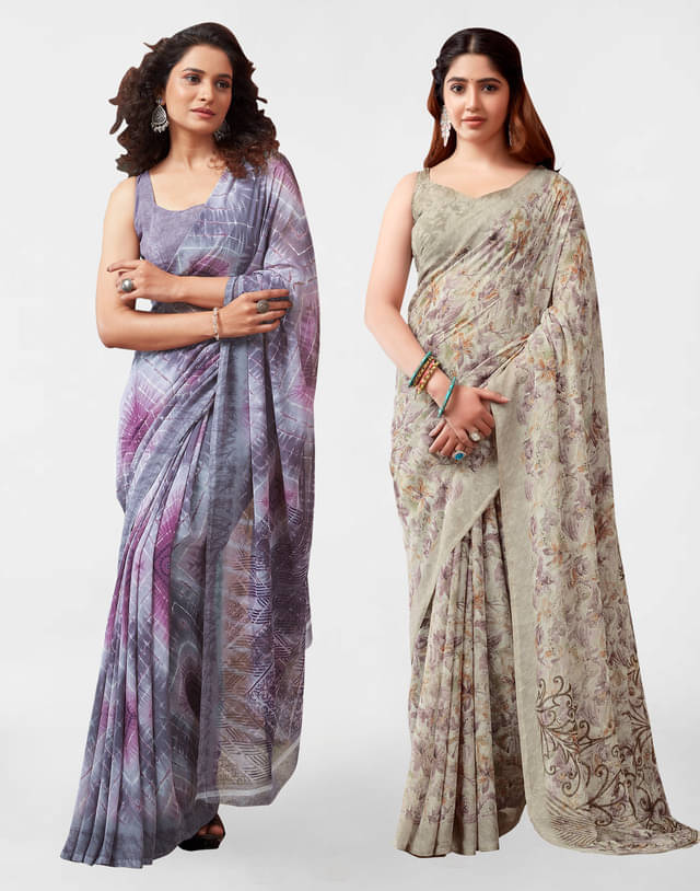     			Samah Georgette Printed Saree With Unstitched Blouse Piece ( Beige )