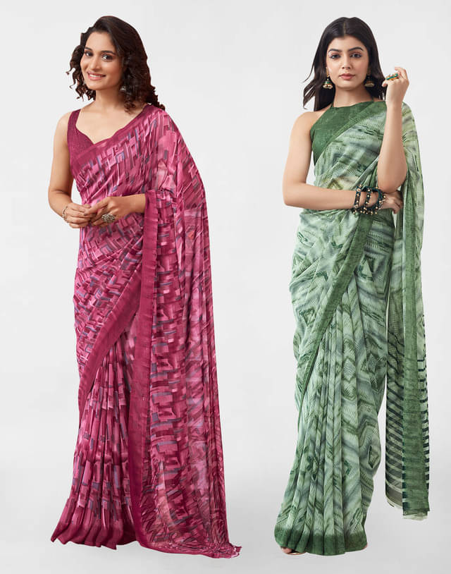     			Samah Georgette Printed Saree With Unstitched Blouse Piece ( Fluorescent Green )
