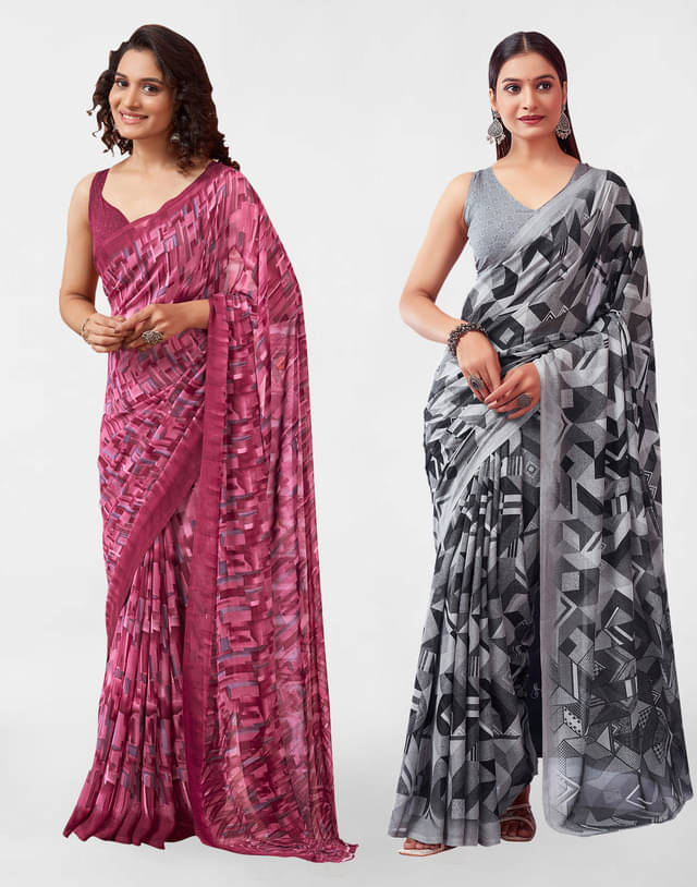     			Samah Georgette Printed Saree With Unstitched Blouse Piece ( Light Grey )