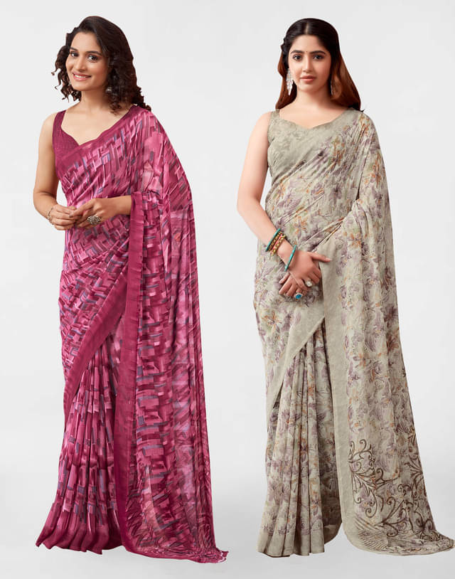     			Samah Georgette Printed Saree With Unstitched Blouse Piece ( Beige )