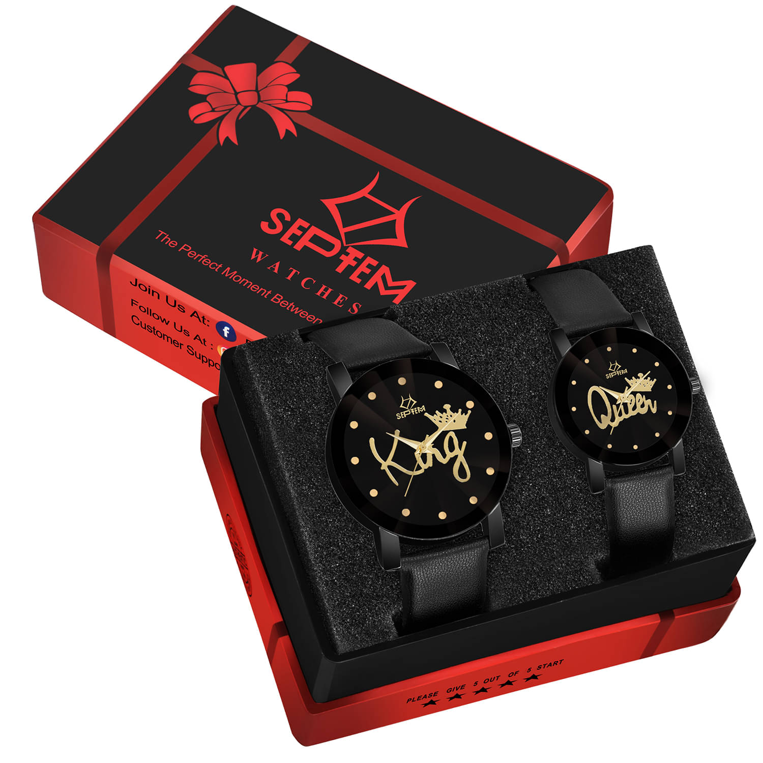     			Septem Black Leather Analog Couple's Watch