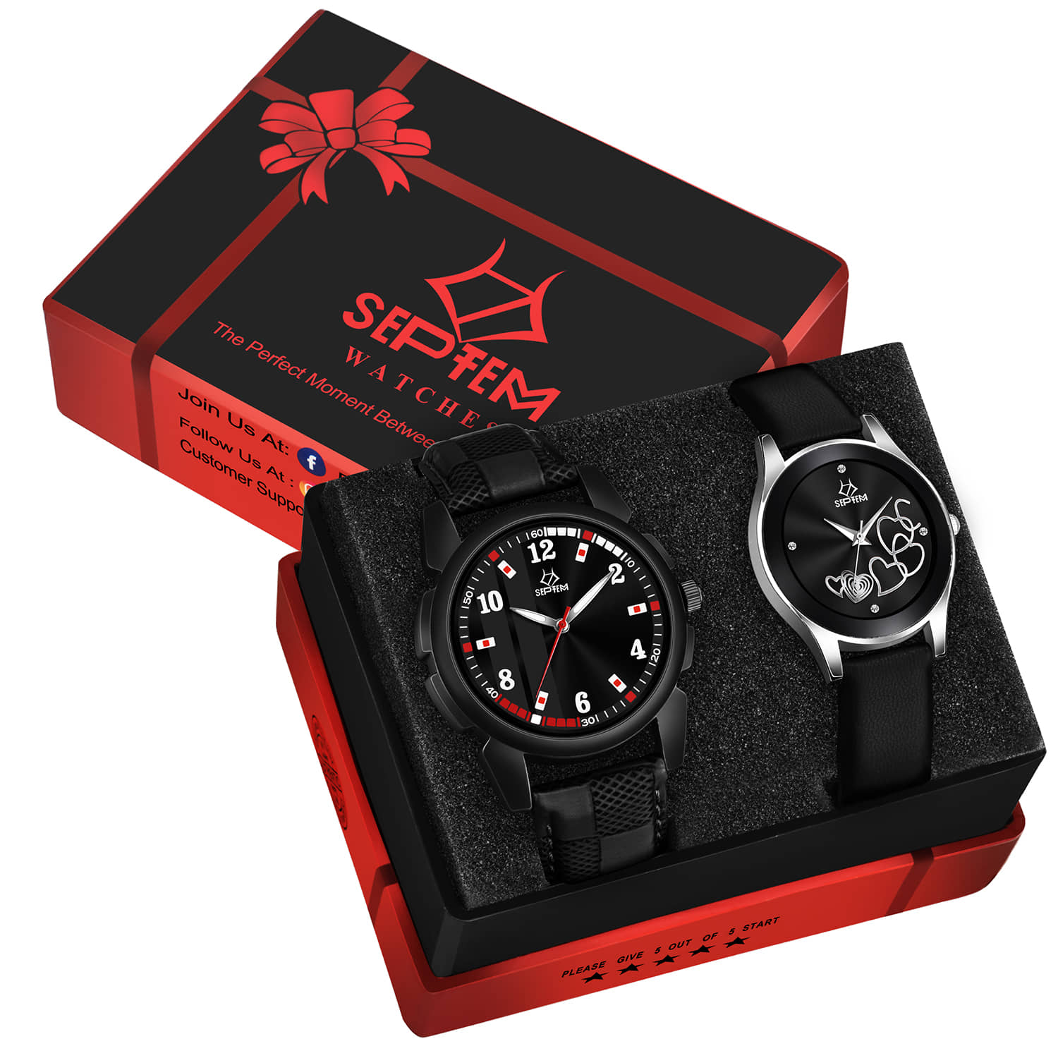 Septem Black Leather Analog Couple's Watch