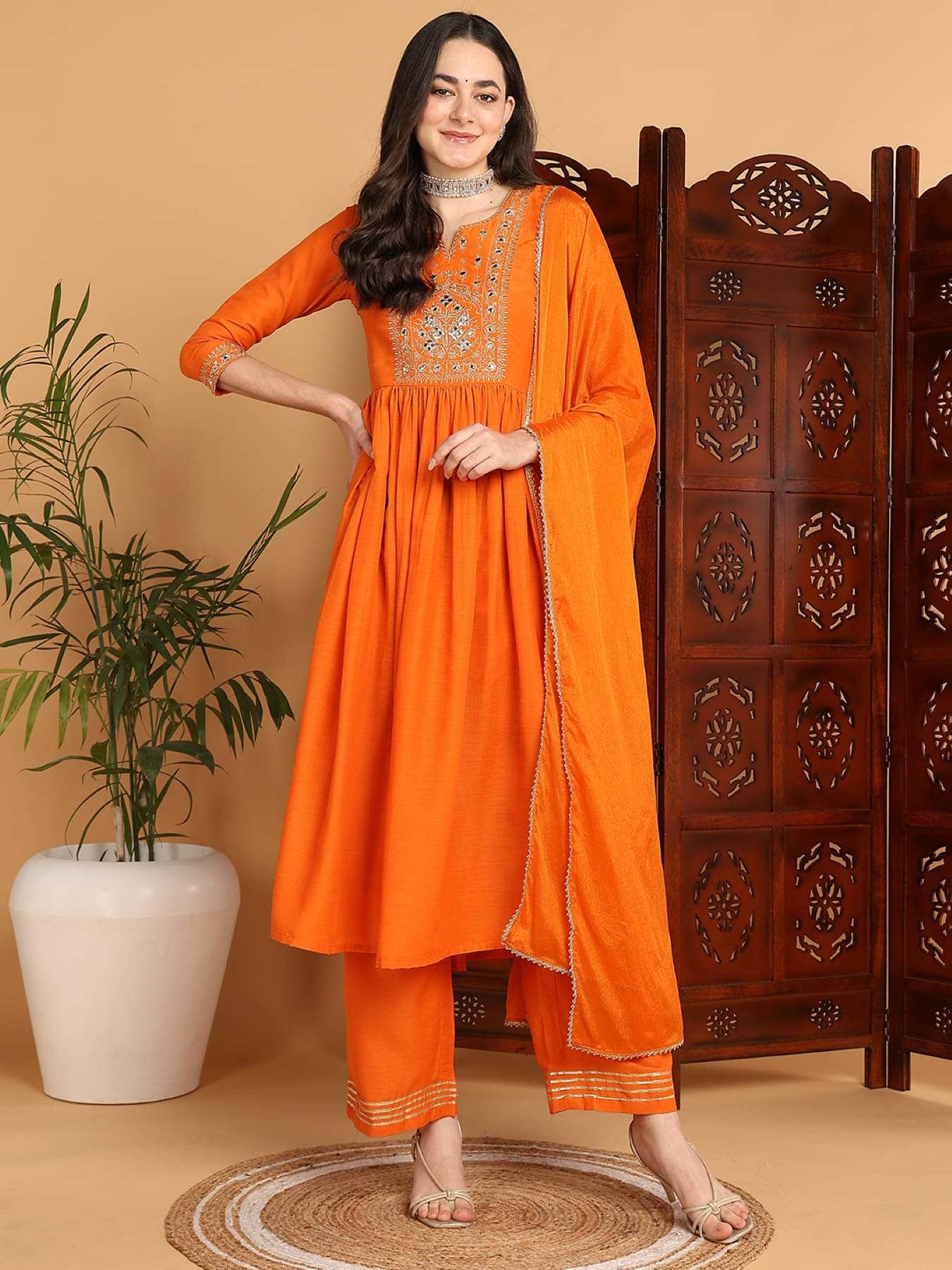     			Vaamsi Cotton Blend Embroidered Kurti With Pants Women's Stitched Salwar Suit - Orange ( Pack of 1 )