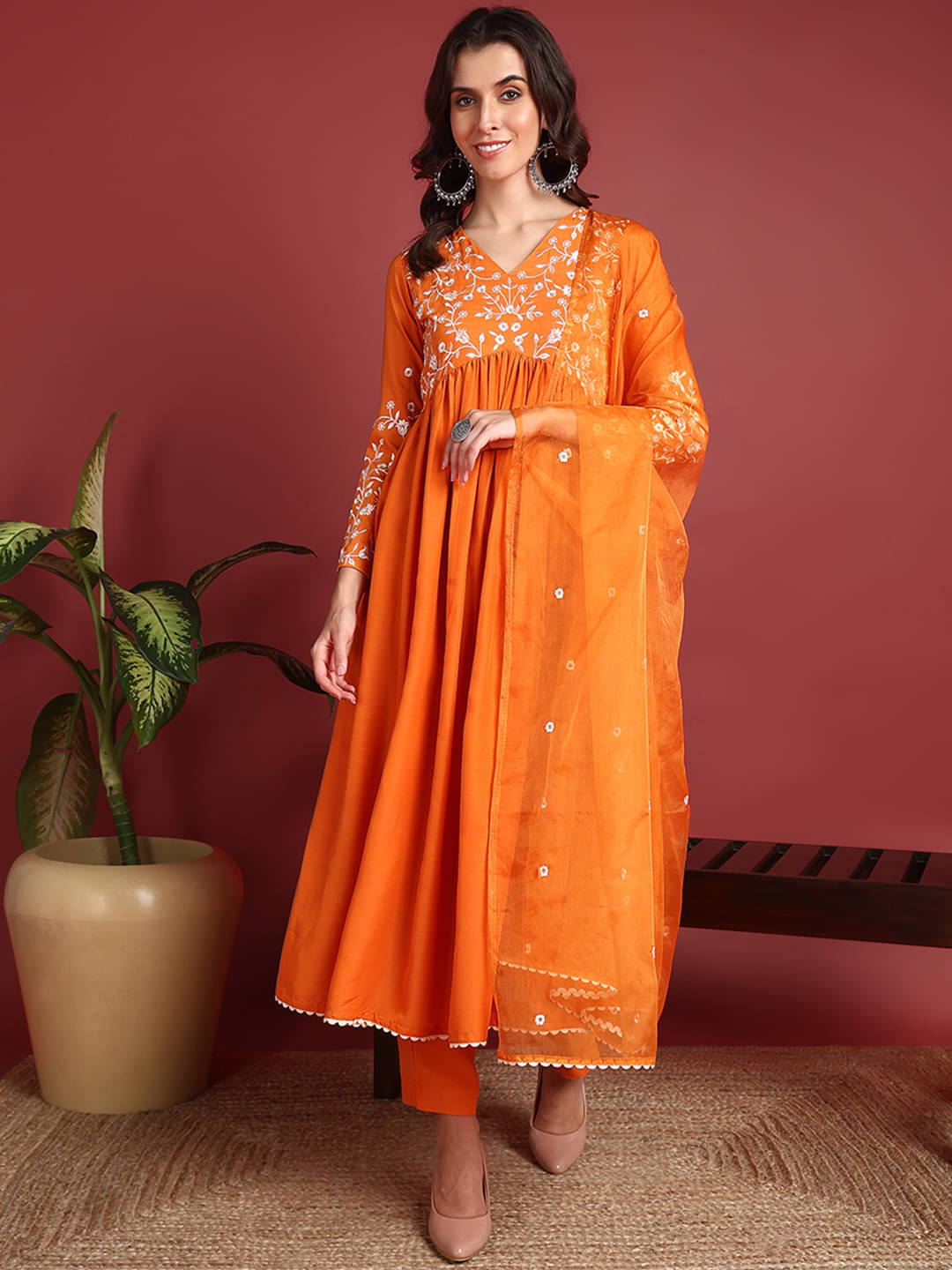     			Vaamsi Cotton Blend Embroidered Kurti With Pants Women's Stitched Salwar Suit - Orange ( Pack of 1 )