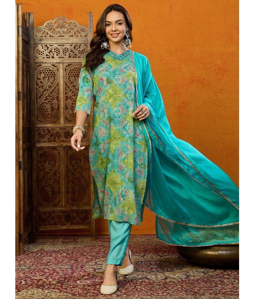     			Vaamsi Cotton Blend Printed Kurti With Pants Women's Stitched Salwar Suit - Turquoise ( Pack of 1 )