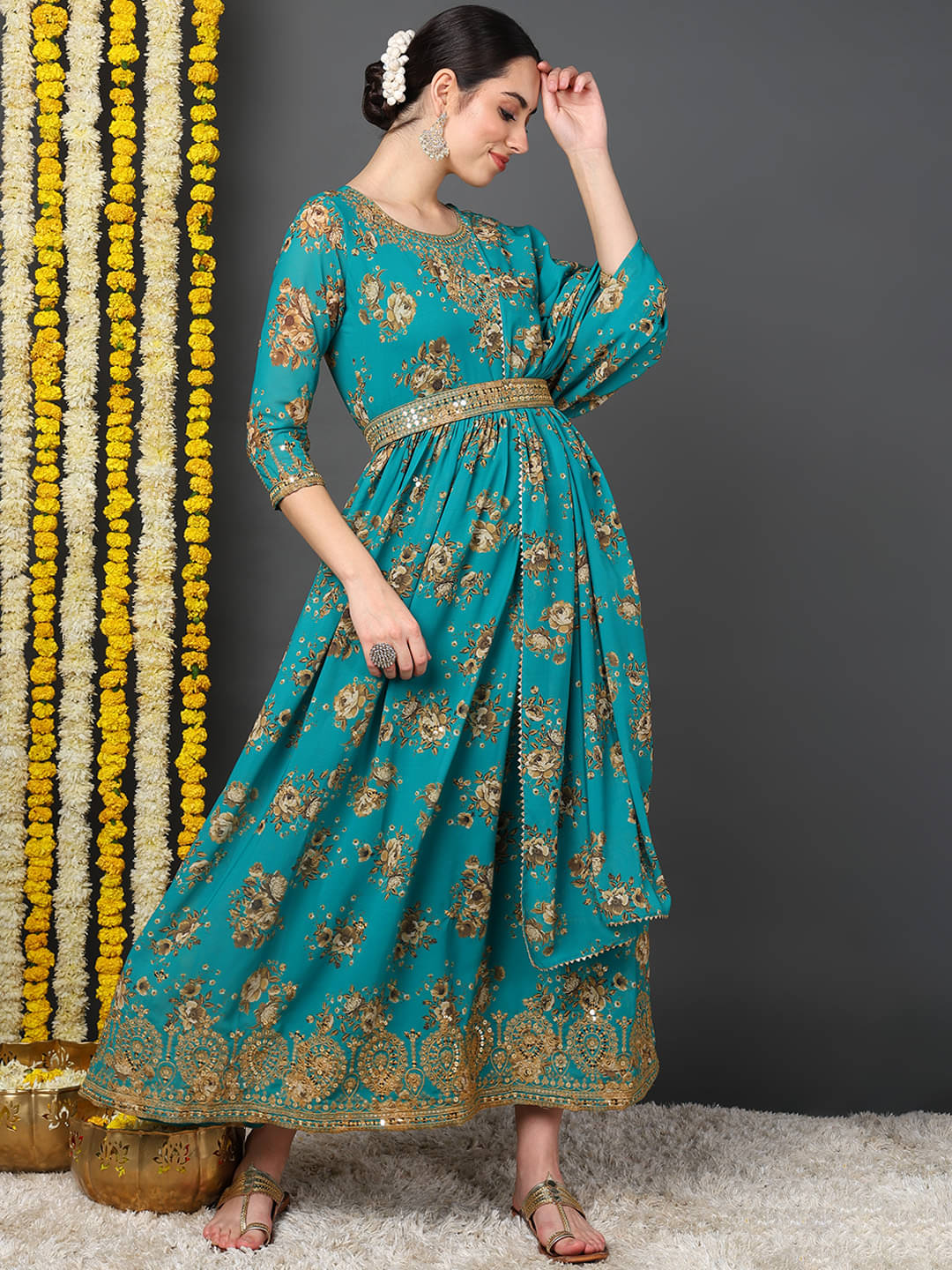     			Vaamsi Georgette Embroidered Kurti With Pants Women's Stitched Salwar Suit - Green ( Pack of 1 )