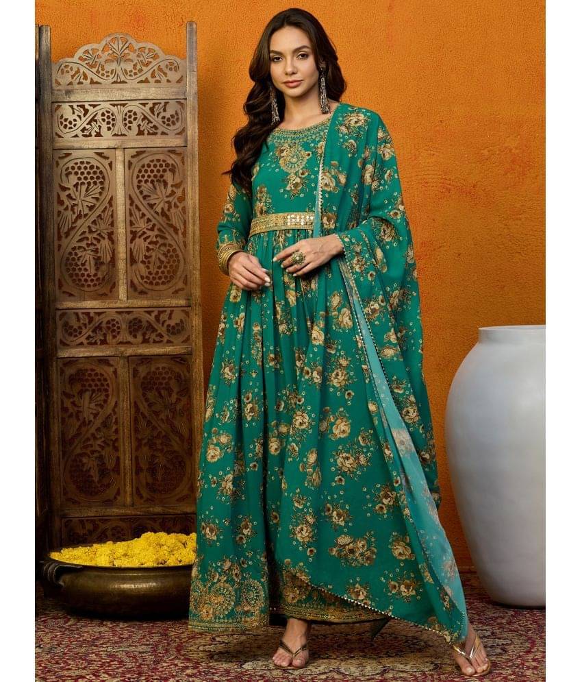 Vaamsi Georgette Embroidered Kurti With Pants Women's Stitched Salwar Suit - Green ( Pack of 1 ) Vaamsi Georgette Embroidered Kurti With Pants Women's Stitched Salwar Suit - Green ( Pack of 1 )