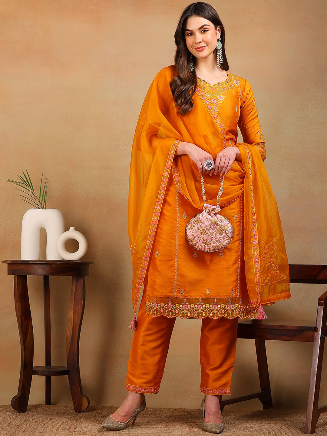     			Vaamsi Silk Blend Embroidered Kurti With Pants Women's Stitched Salwar Suit - Mustard ( Pack of 1 )