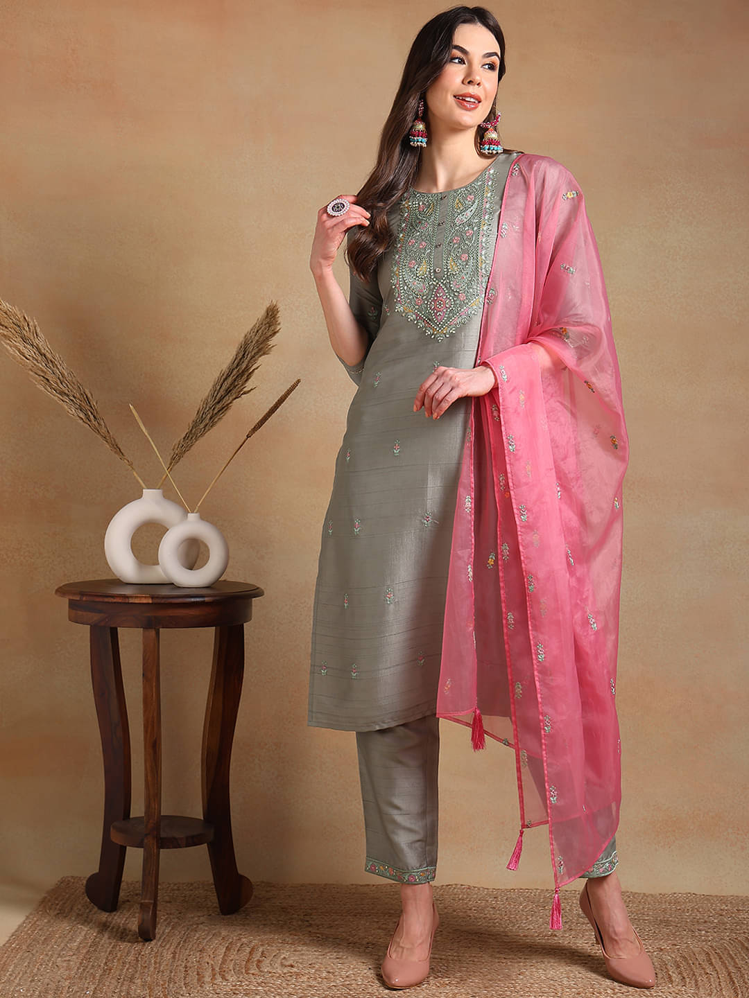 Vaamsi Silk Blend Embroidered Kurti With Pants Women's Stitched Salwar Suit - Grey ( Pack of 1 ) Vaamsi Silk Blend Embroidered Kurti With Pants Women's Stitched Salwar Suit - Grey ( Pack of 1 )