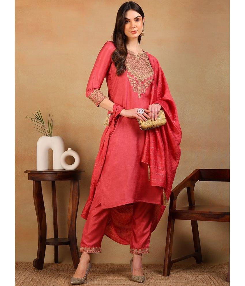 Vaamsi Silk Blend Embroidered Kurti With Pants Women's Stitched Salwar Suit - Rust ( Pack of 1 ) Vaamsi Silk Blend Embroidered Kurti With Pants Women's Stitched Salwar Suit - Rust ( Pack of 1 )