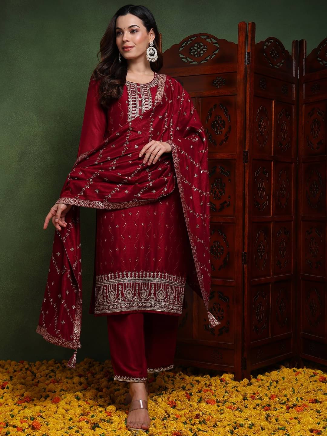     			Vaamsi Silk Blend Embroidered Kurti With Pants Women's Stitched Salwar Suit - Maroon ( Pack of 1 )
