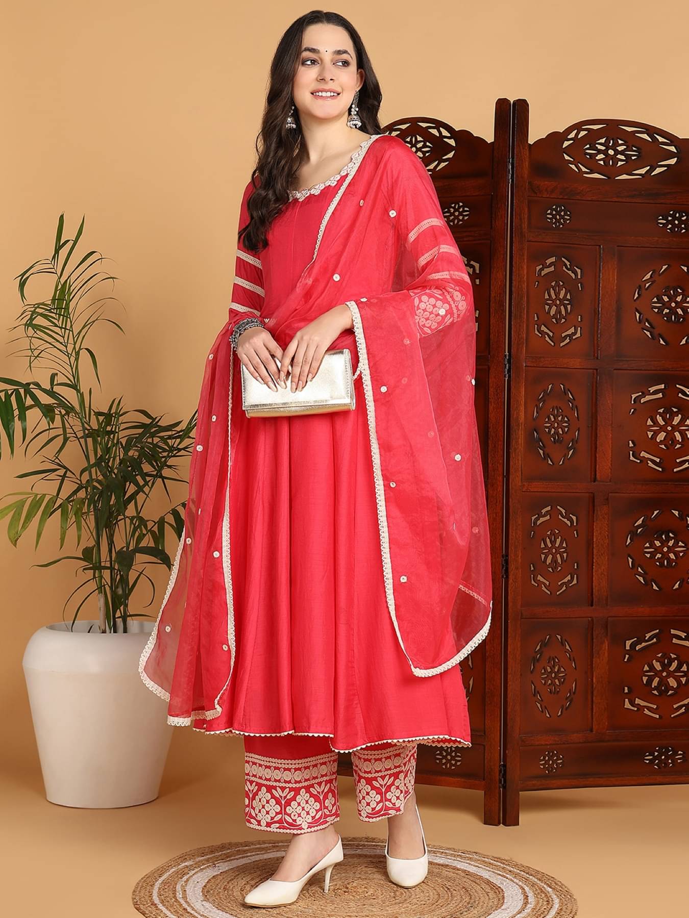     			Vaamsi Silk Blend Embroidered Kurti With Palazzo Women's Stitched Salwar Suit - Pink ( Pack of 1 )