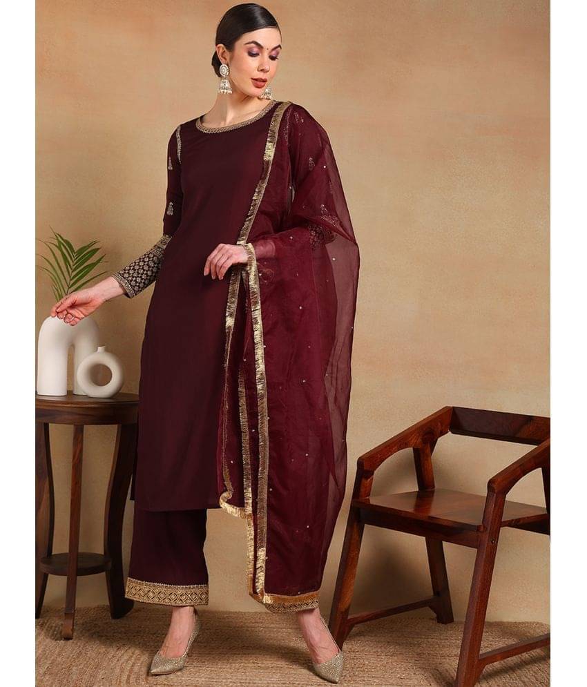 Vaamsi Silk Blend Embroidered Kurti With Pants Women's Stitched Salwar Suit - Burgundy ( Pack of 1 )     			Vaamsi Silk Blend Embroidered Kurti With Pants Women's Stitched Salwar Suit - Burgundy ( Pack of 1 )