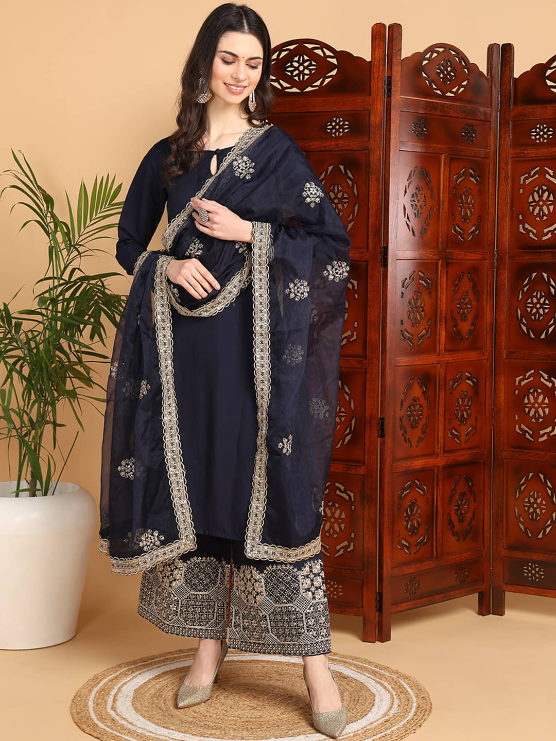 Vaamsi Silk Blend Solid Kurti With Palazzo Women's Stitched Salwar Suit - Navy Blue ( Pack of 1 )     			Vaamsi Silk Blend Solid Kurti With Palazzo Women's Stitched Salwar Suit - Navy Blue ( Pack of 1 )