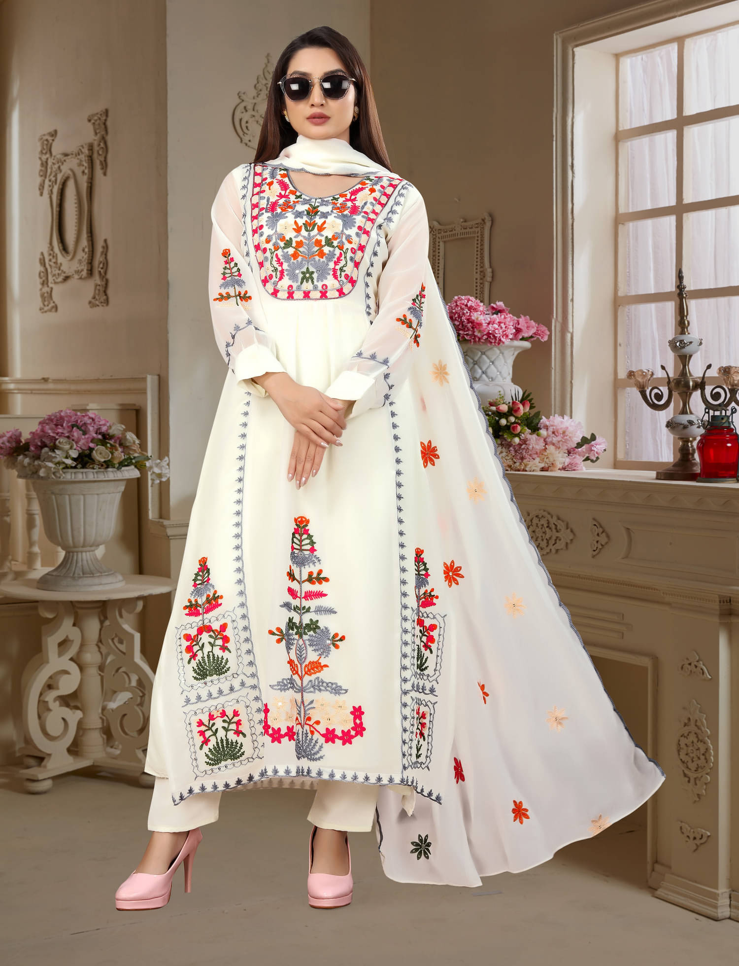 shankhpushpi Georgette Embroidered Kurti With Pants Women's Stitched Salwar Suit - Cream ( Pack of 1 ) shankhpushpi Georgette Embroidered Kurti With Pants Women's Stitched Salwar Suit - Cream ( Pack of 1 )