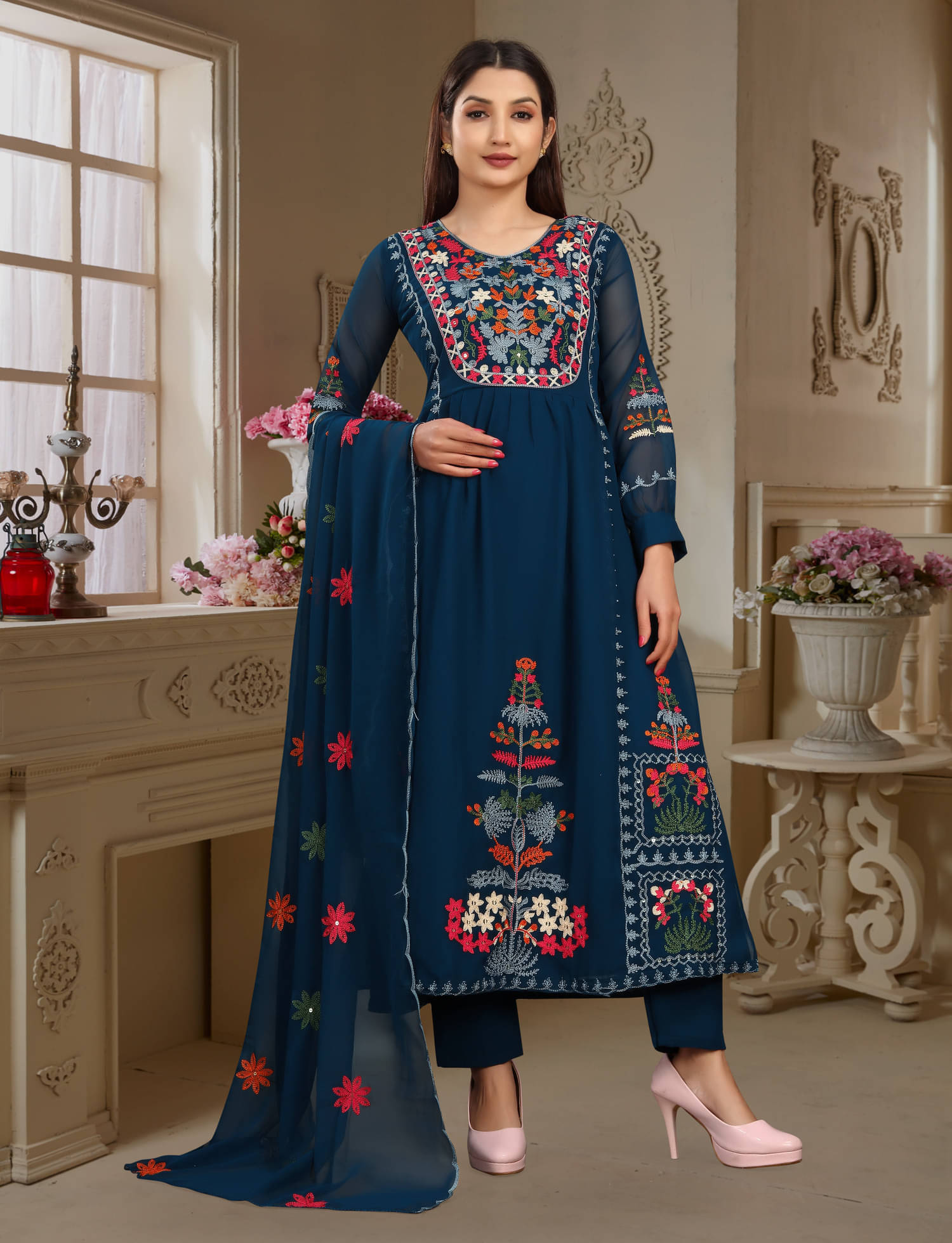     			shankhpushpi Georgette Embroidered Kurti With Pants Women's Stitched Salwar Suit - Blue ( Pack of 1 )