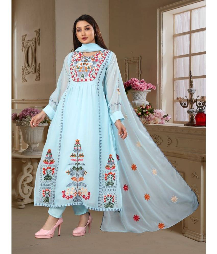 shankhpushpi Georgette Embroidered Kurti With Pants Women's Stitched Salwar Suit - Light Blue ( Pack of 1 ) shankhpushpi Georgette Embroidered Kurti With Pants Women's Stitched Salwar Suit - Light Blue ( Pack of 1 )
