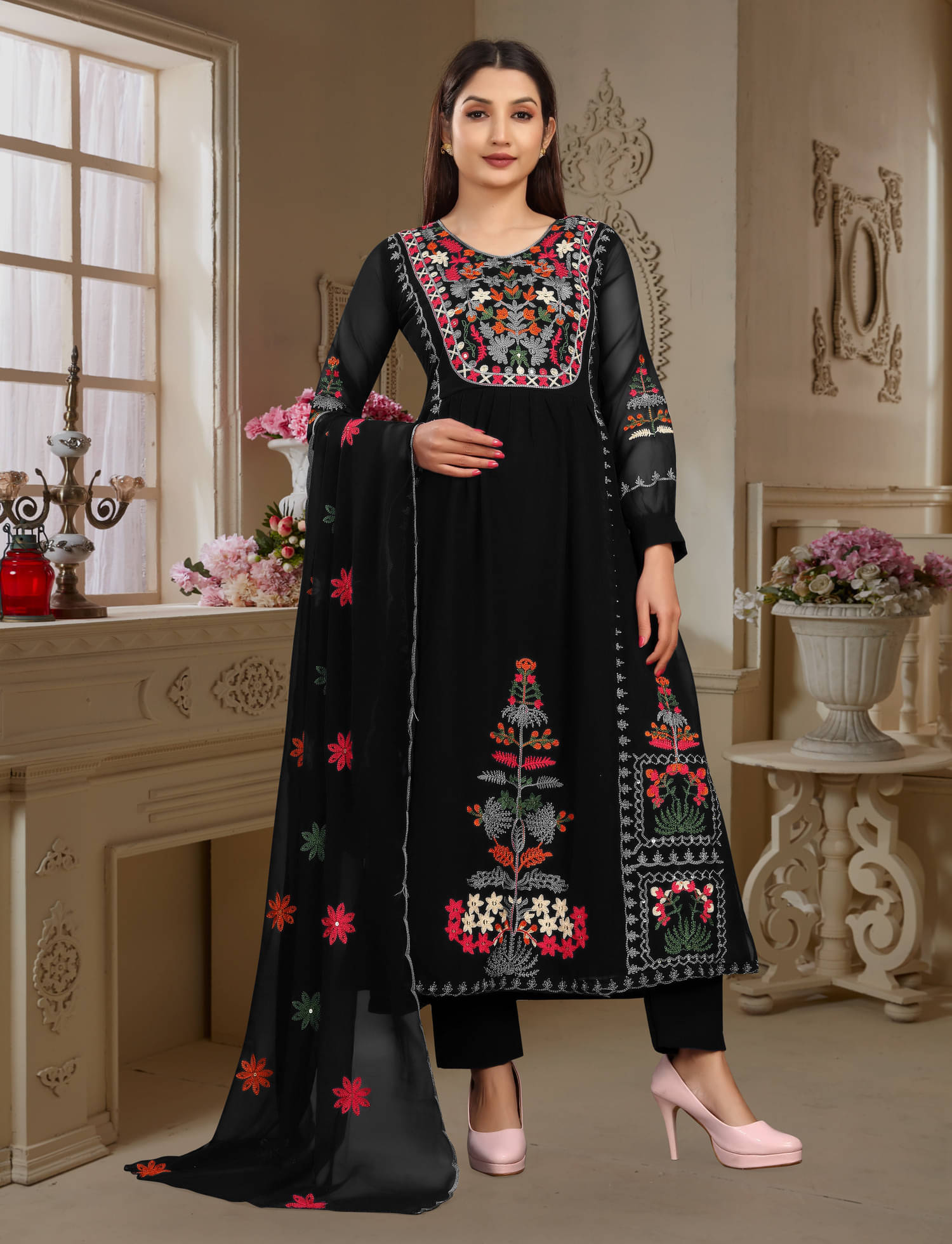shankhpushpi Georgette Embroidered Kurti With Pants Women's Stitched Salwar Suit - Black ( Pack of 1 ) shankhpushpi Georgette Embroidered Kurti With Pants Women's Stitched Salwar Suit - Black ( Pack of 1 )