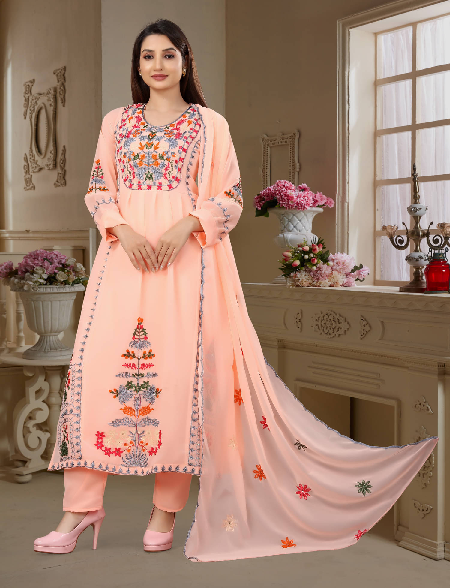 shankhpushpi Georgette Embroidered Kurti With Pants Women's Stitched Salwar Suit - Orange ( Pack of 1 ) shankhpushpi Georgette Embroidered Kurti With Pants Women's Stitched Salwar Suit - Orange ( Pack of 1 )