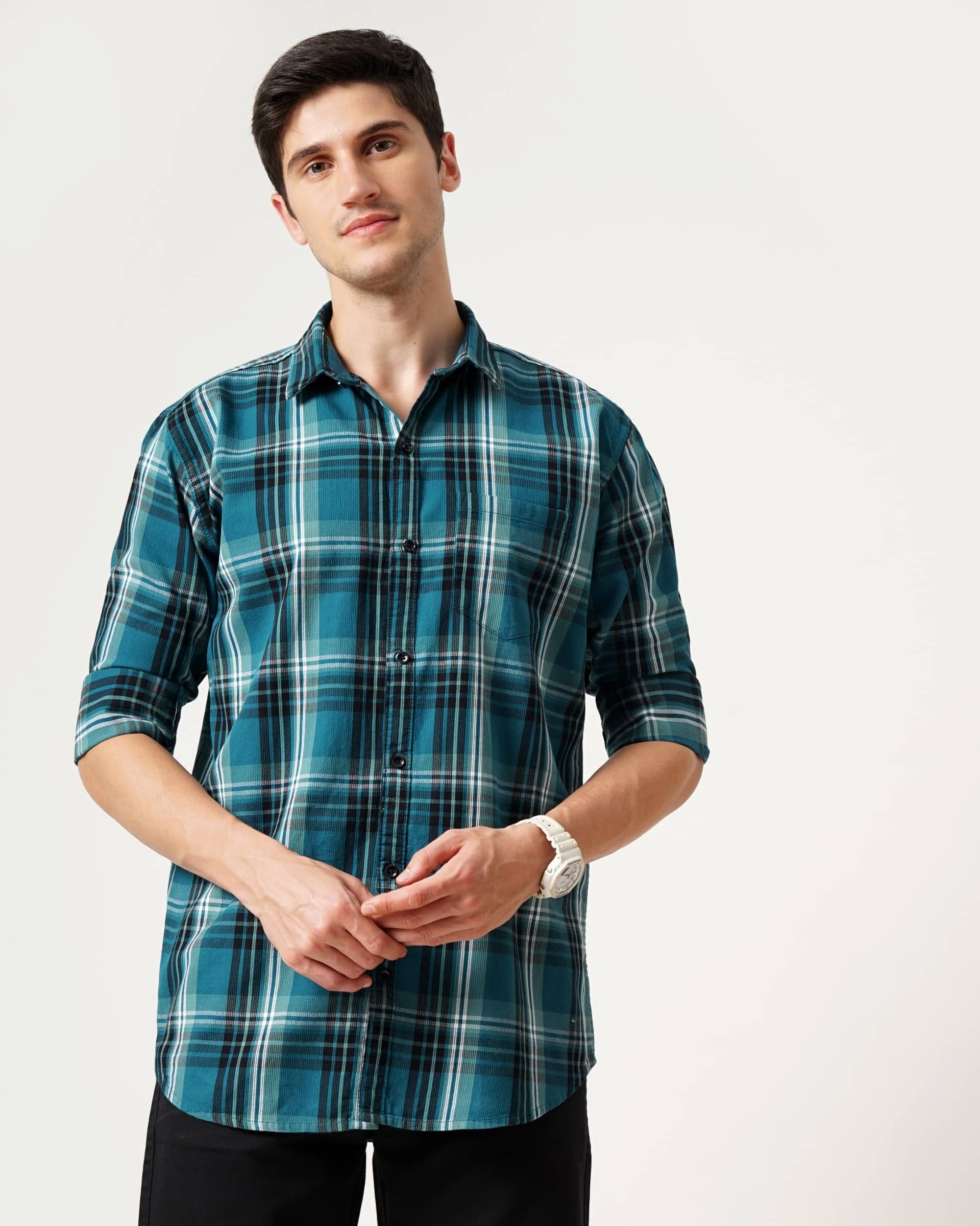 HETIERS Corduroy Slim Fit Checks Full Sleeves Men's Casual Shirt - Blue ( Pack of 1 )