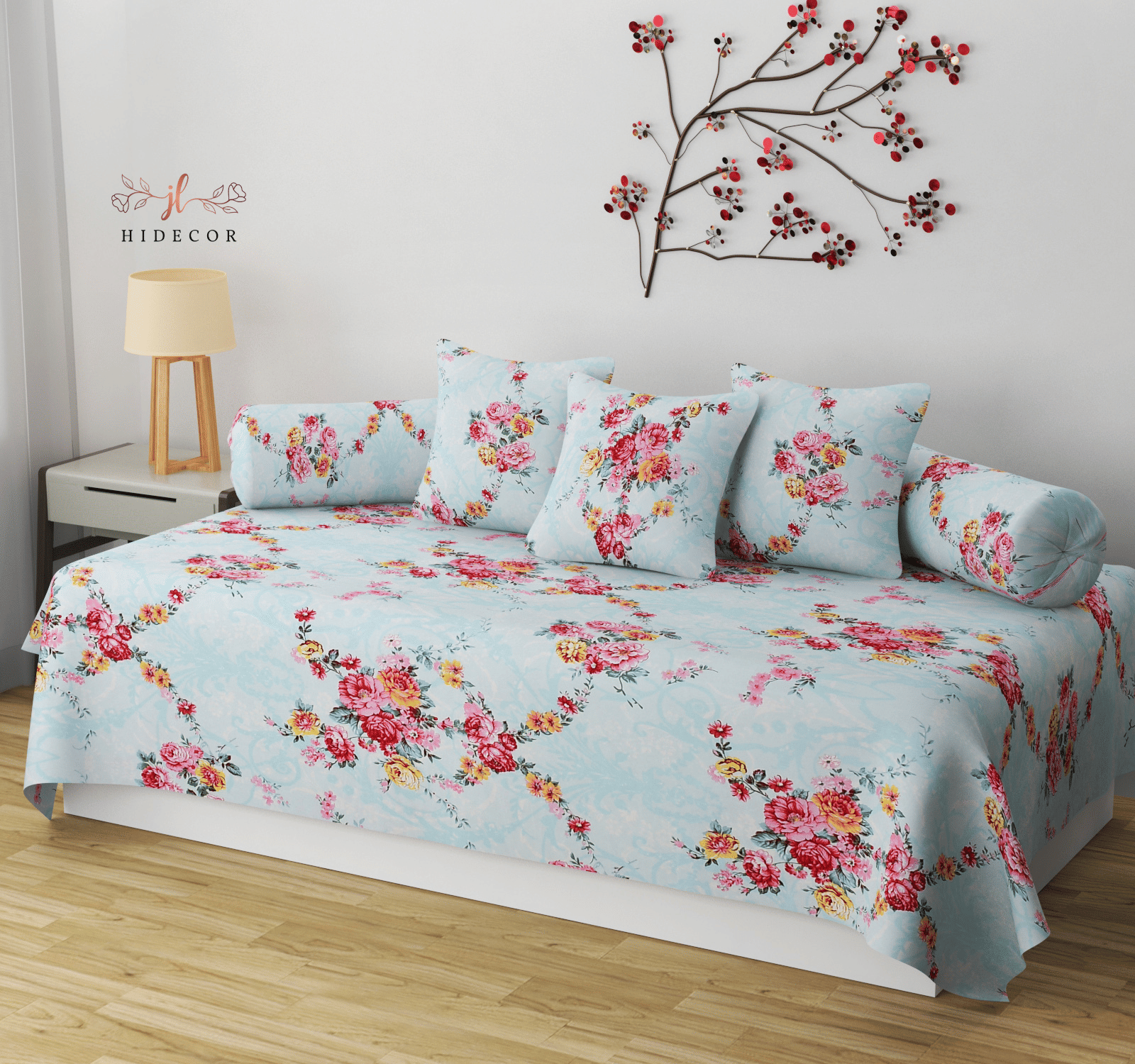 HIDECOR Cotton Floral Diwan Set 6 Pcs - Blue