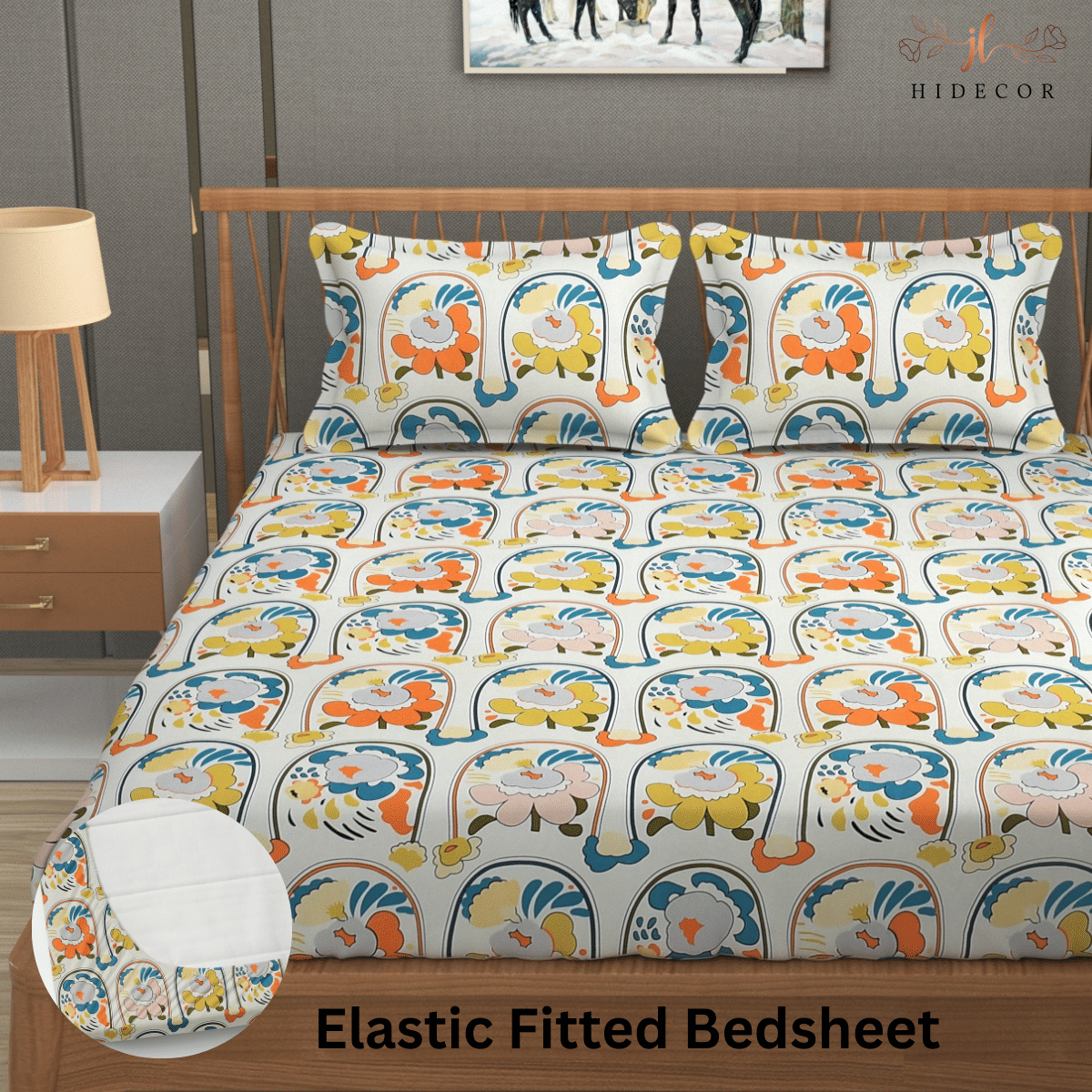     			HIDECOR Microfibre Floral Fitted Fitted bedsheet with 2 Pillow Covers ( King Size ) - Cream