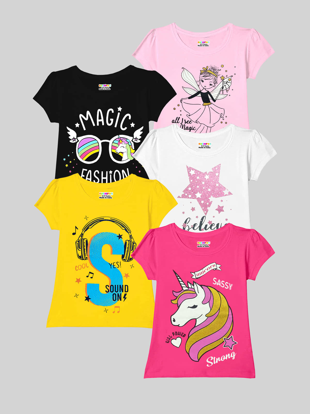 Kuchipoo Pack of 5 Girls Cotton Blend T-Shirt ( Multicolor2 )