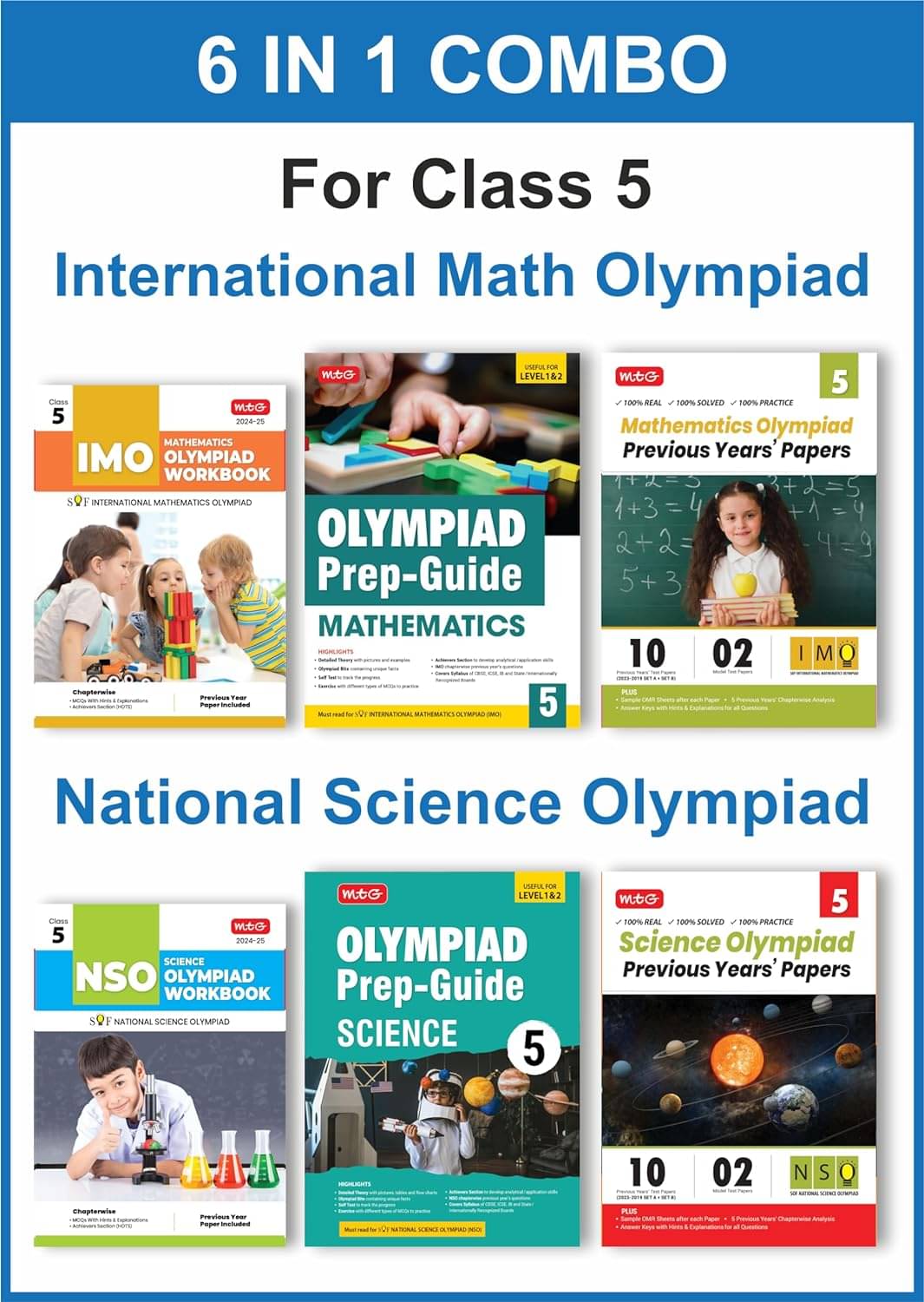     			MTG Class-5 (Mathematics & Science) IMO-NSO Olympiad Workbook, Prep-Guide & Previous Years Papers (PYQs) with Mock Test Paper - SOF Olympiad Books For 2024-25 Exam (Set of 6 Books)