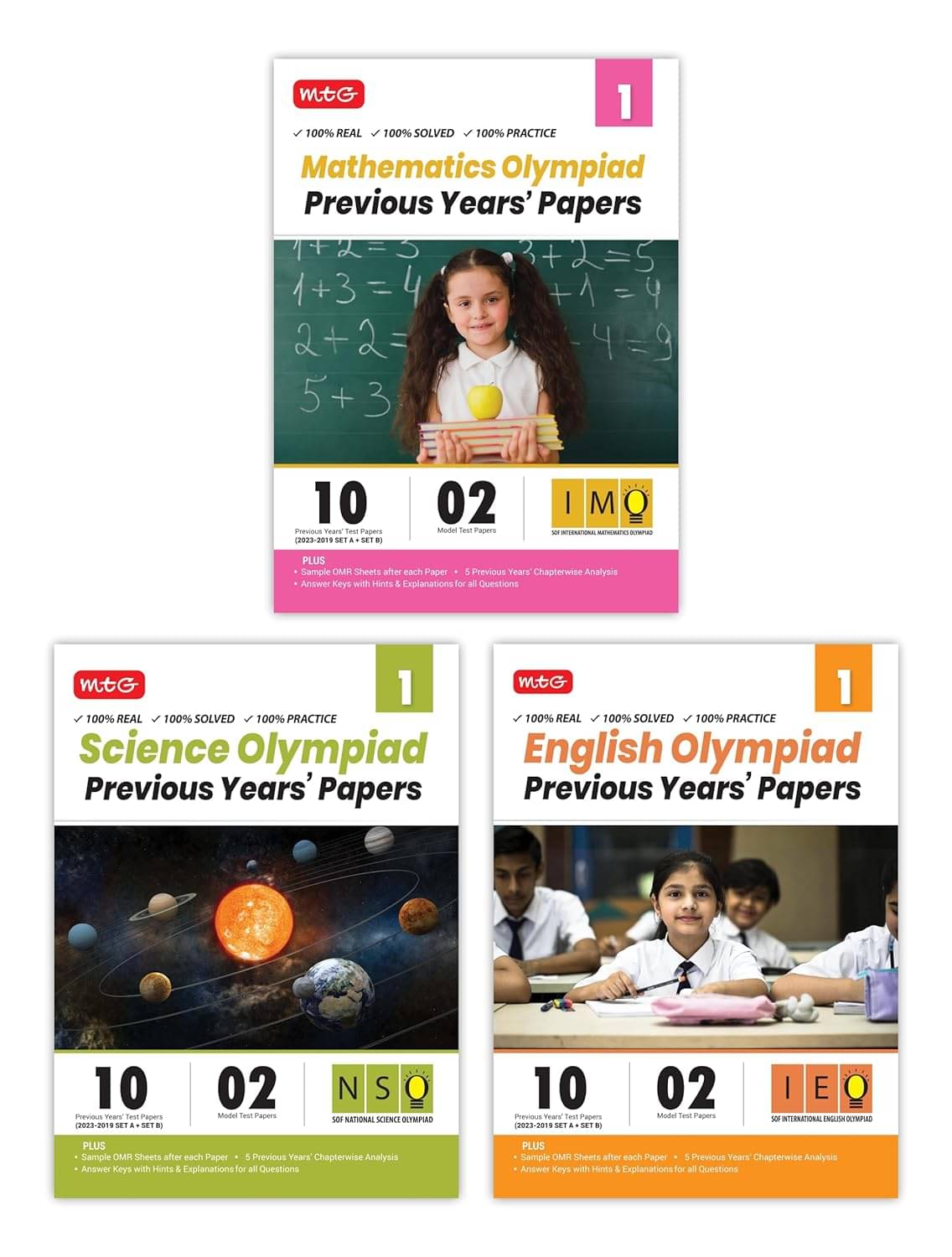 MTG IMO-NSO-IEO Class-1 Olympiad Previous Years Papers (2023-2019 Set A & B) Mathematics, Science & English (Set of 3 Books) | Mock Test Papers with Sample OMR Sheet For 2024-25 Exam MTG IMO-NSO-IEO Class-1 Olympiad Previous Years Papers (2023-2019 Set A & B) Mathematics, Science & English (Set of 3 Books) | Mock Test Papers with Sample OMR Sheet For 2024-25 Exam