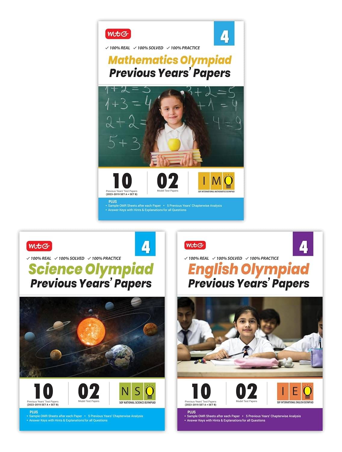 MTG IMO-NSO-IEO Class-4 Olympiad Previous Years Papers (2023-2019 Set A & B) Mathematics, Science & English (Set of 3 Books) | Mock Test Papers with Sample OMR Sheet For 2024-25 Exam MTG IMO-NSO-IEO Class-4 Olympiad Previous Years Papers (2023-2019 Set A & B) Mathematics, Science & English (Set of 3 Books) | Mock Test Papers with Sample OMR Sheet For 2024-25 Exam