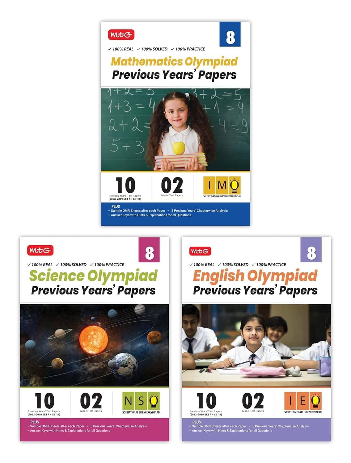 MTG IMO-NSO-IEO Class-8 Olympiad Previous Years Papers (2023-2019 Set A & B) Mathematics, Science & English (Set of 3 Books) | Mock Test Papers with Sample OMR Sheet For 2024-25 Exam MTG IMO-NSO-IEO Class-8 Olympiad Previous Years Papers (2023-2019 Set A & B) Mathematics, Science & English (Set of 3 Books) | Mock Test Papers with Sample OMR Sheet For 2024-25 Exam