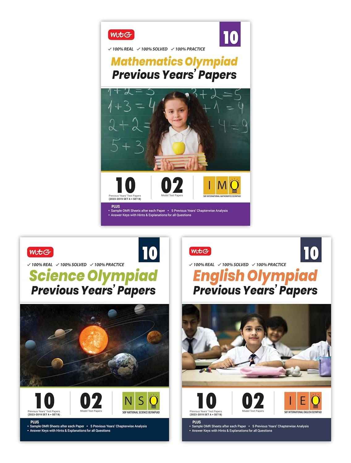 MTG IMO-NSO-IEO Class-10 Olympiad Previous Years Papers (2023-2019 Set A & B) Mathematics, Science & English (Set of 3 Books) | Mock Test Papers with Sample OMR Sheet For 2024-25 Exam MTG IMO-NSO-IEO Class-10 Olympiad Previous Years Papers (2023-2019 Set A & B) Mathematics, Science & English (Set of 3 Books) | Mock Test Papers with Sample OMR Sheet For 2024-25 Exam