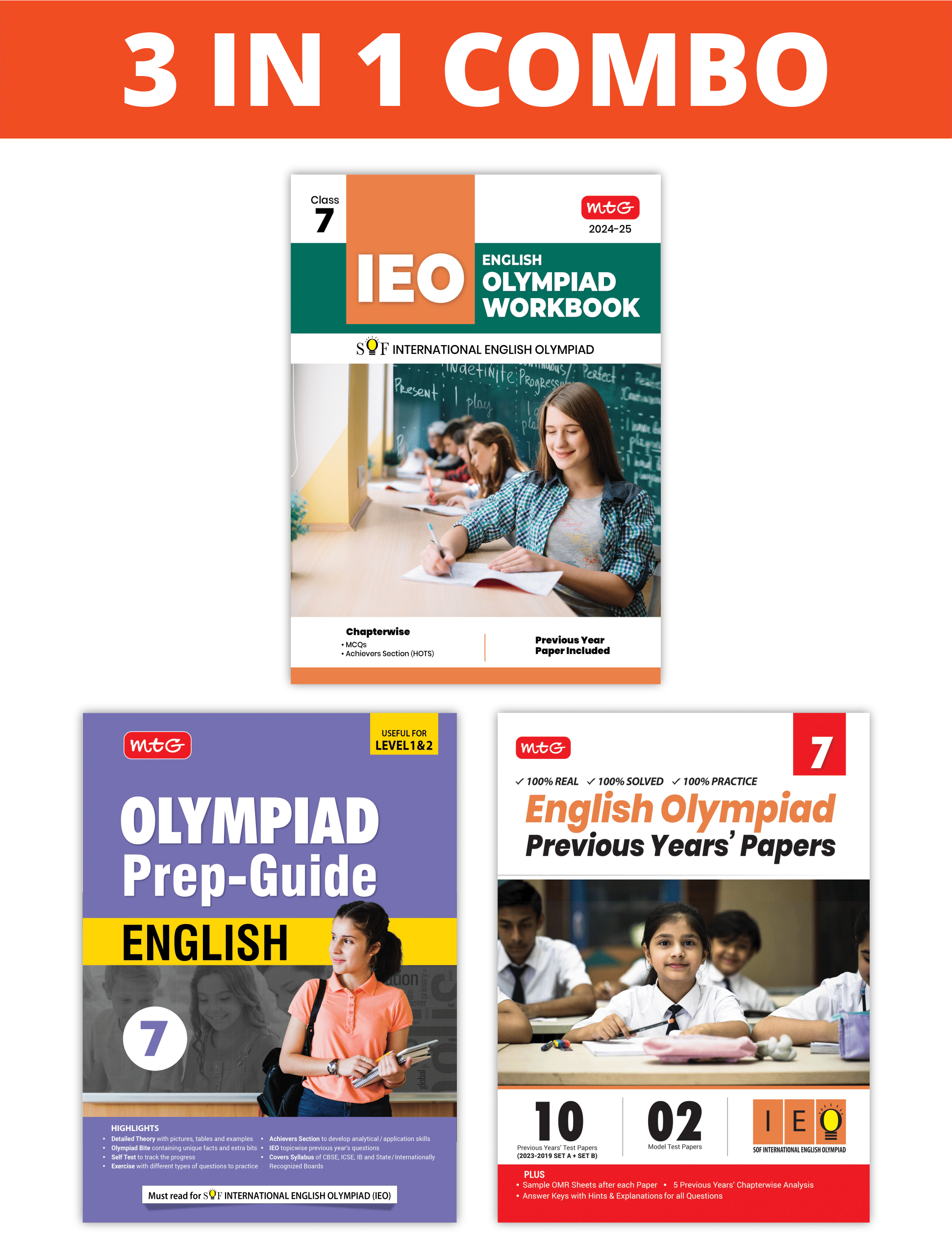     			MTG International English Olympiad (IEO) Workbook, Prep-Guide & Previous Years Papers (PYQs) with Mock Test Paper Class 7 - SOF Olympiad Books For 2024-25 Exam (Set of 3 Books)