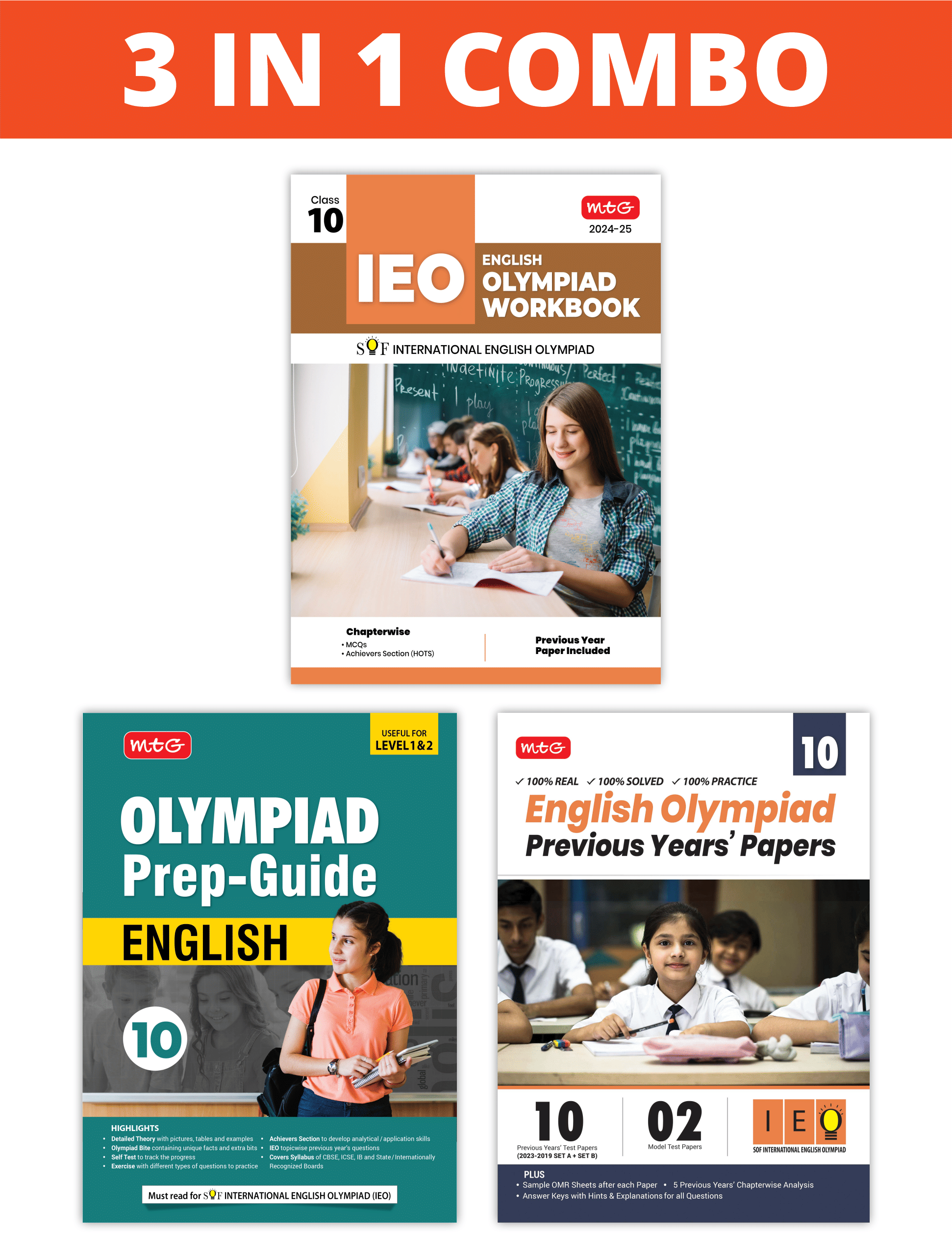     			MTG International English Olympiad (IEO) Workbook, Prep-Guide & Previous Years Papers (PYQs) with Mock Test Paper Class 10 - SOF Olympiad Books For 2024-25 Exam (Set of 3 Books)