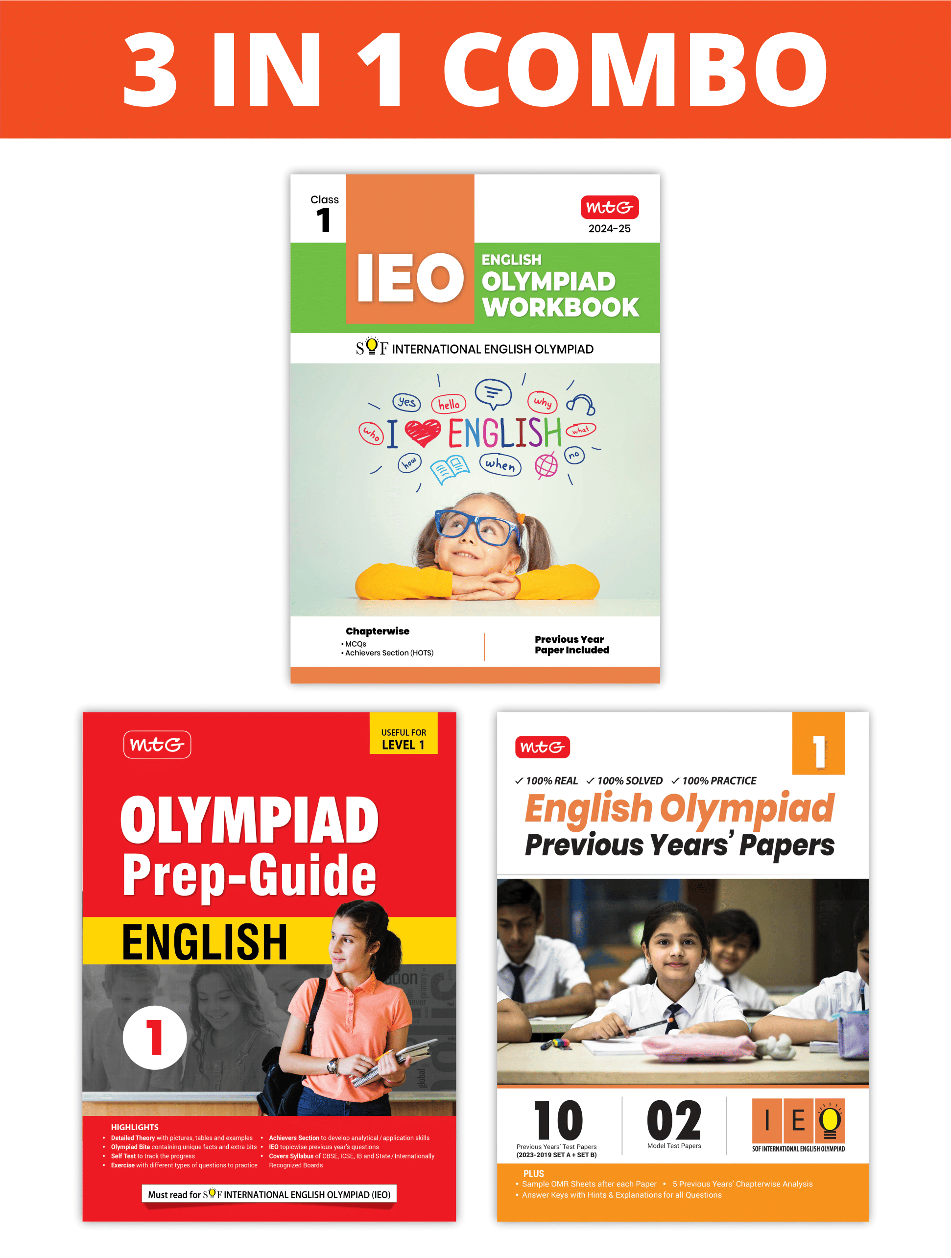     			MTG International English Olympiad (IEO) Workbook, Prep-Guide & Previous Years Papers (PYQs) with Mock Test Paper Class 1 - SOF Olympiad Books For 2024-25 Exam (Set of 3 Books)