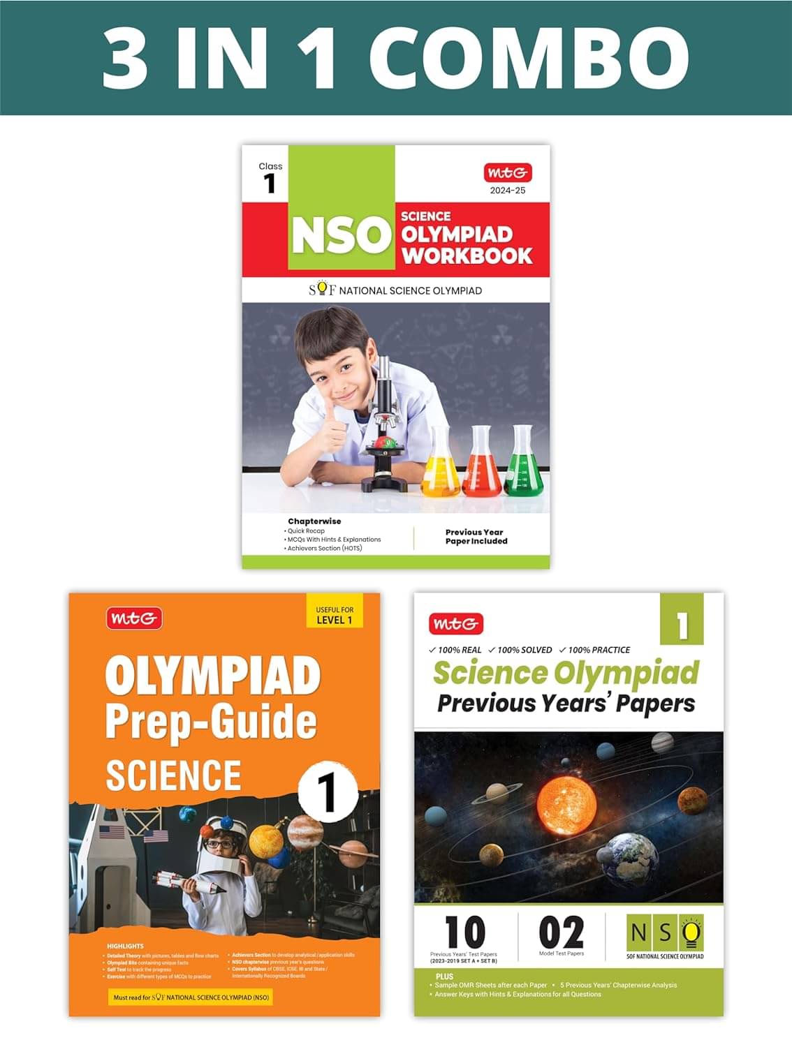     			MTG National Science Olympiad (NSO) Workbook, Prep-Guide & Previous Years Papers (PYQs) with Mock Test Paper Class 1 - SOF Olympiad Books For 2024-25 Exam (Set of 3 Books)