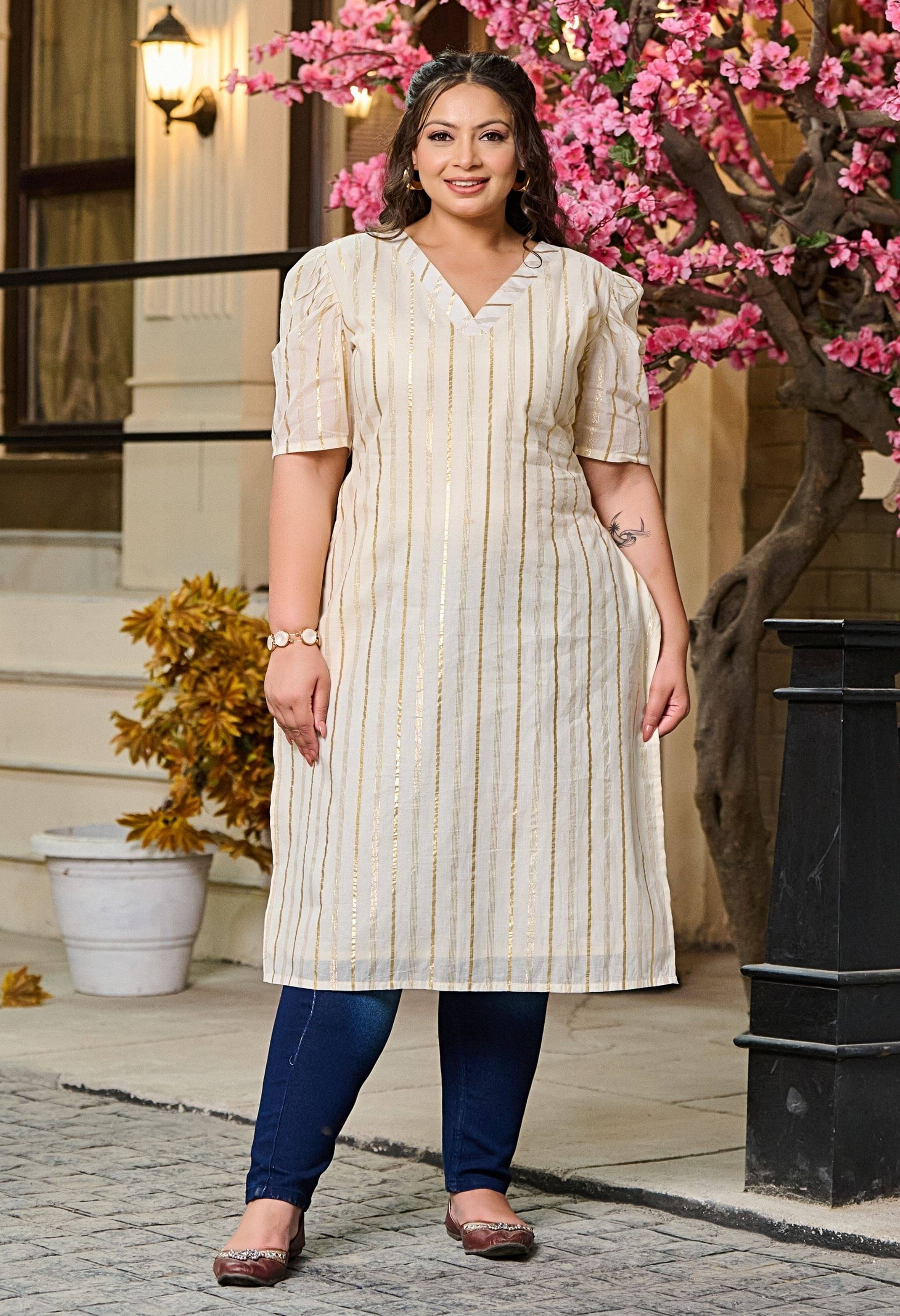 PrettyPlus by Desinoor.com Cotton Blend Striped Straight Women's Kurti - Off White ( Pack of 1 ) PrettyPlus by Desinoor.com Cotton Blend Striped Straight Women's Kurti - Off White ( Pack of 1 )