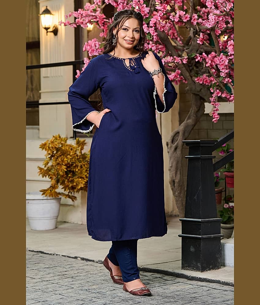 PrettyPlus by Desinoor.com Rayon Embroidered Straight Women's Kurti - Navy ( Pack of 1 ) - Kurtis, Tunics | Buy online on ZillyBuy