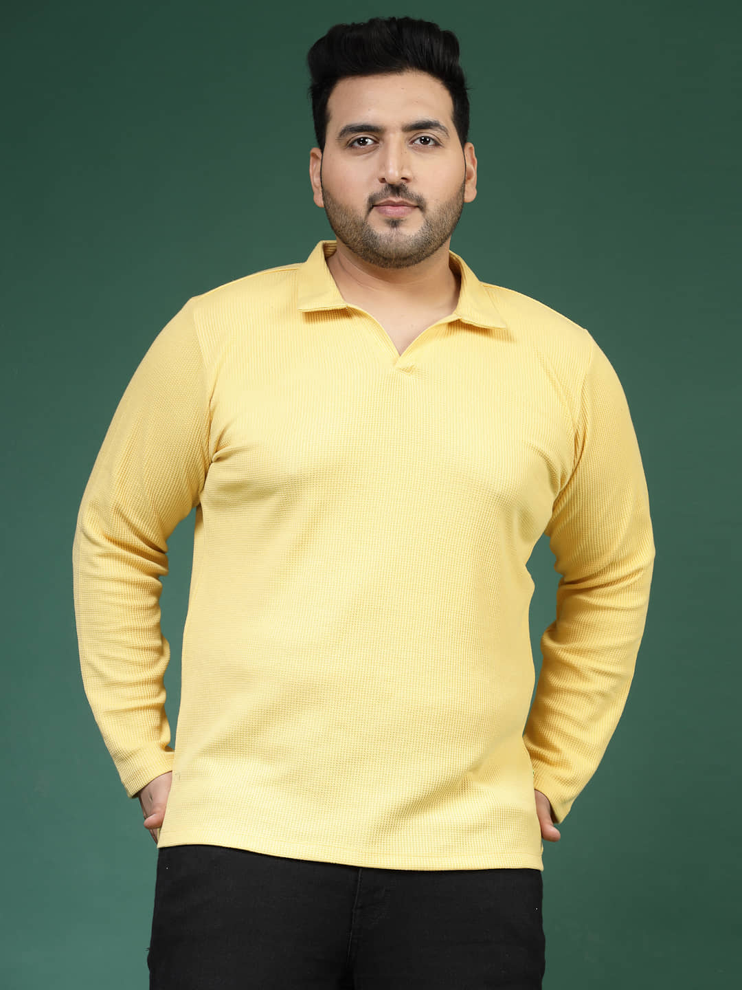 Rigo Pack of 1 Cotton Slim Fit Self Design Full Sleeves Men's Polo T Shirt ( Mustard )